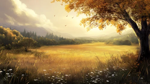 Golden meadow dreamscape under a quiet autumn sunlit sky.