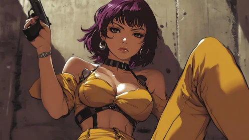 Confident anime heroine resting with bold yellow style.