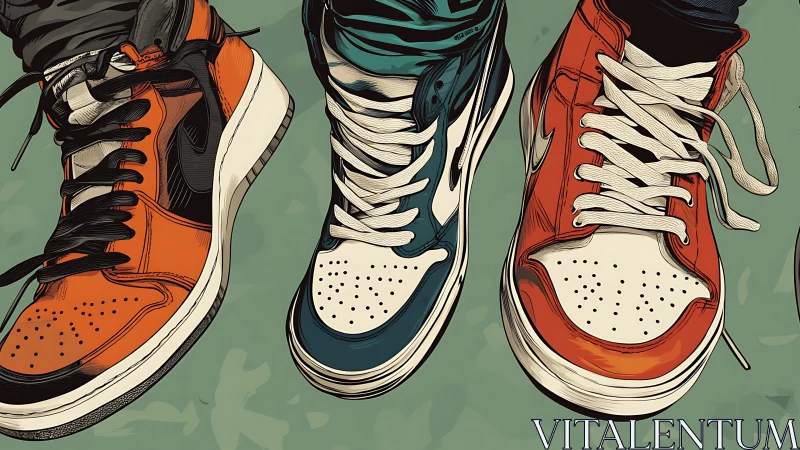 Illustrated sneaker trio in dynamic comic linework composition.