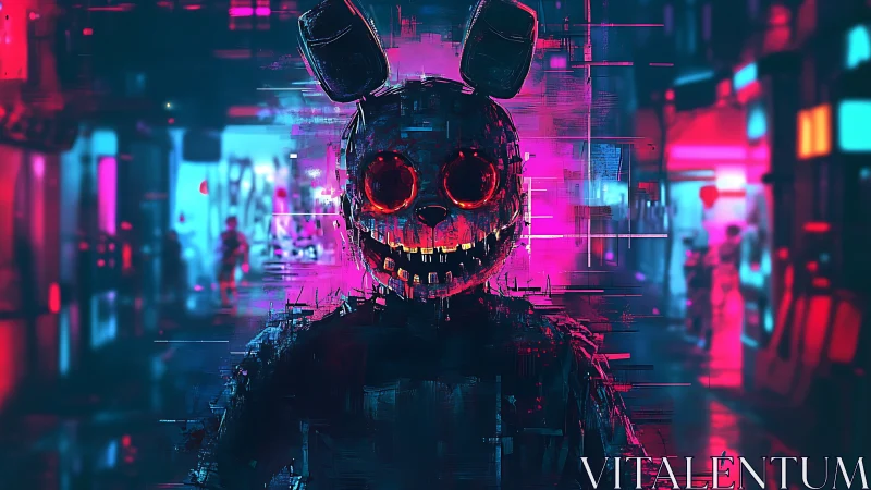Glitching cybernetic rabbit avatar in neon alleyway haze.
