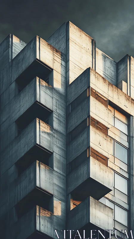 Brutalist concrete high rise shows sharp balconies in low sun