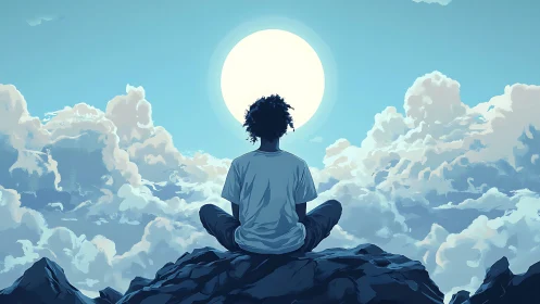 Person seated on rocky peak under large sun among clouds.