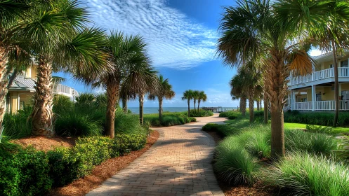 Palm-lined coastal resort path under vivid blue sky.