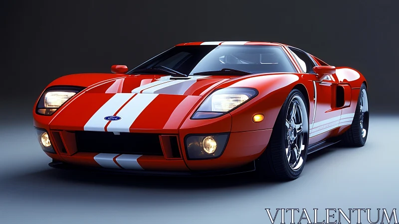 Photorealistic red supercar studio render with racing stripes.