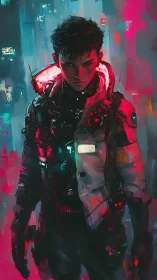 Neon-lit young space scout strides through a glowing city night