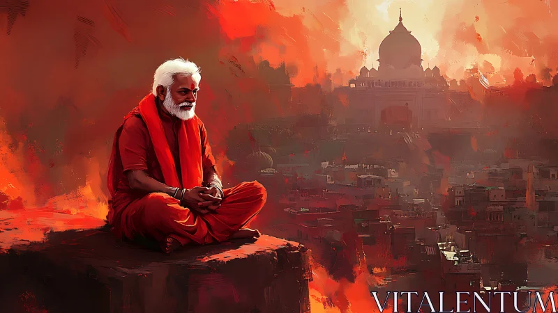 Saffron robed sage quietly cradles a burning cityscape