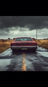 Stormy road holds a lone classic car waiting for new journeys