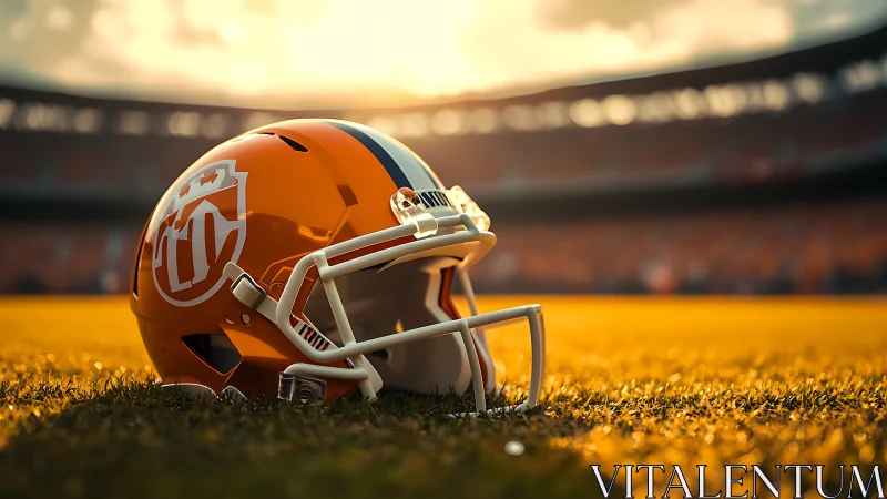 Orange football helmet on turf in warm stadium backlight.