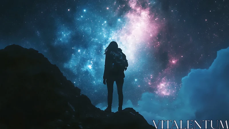 Silhouetted hiker observes high-contrast galactic nebula sky