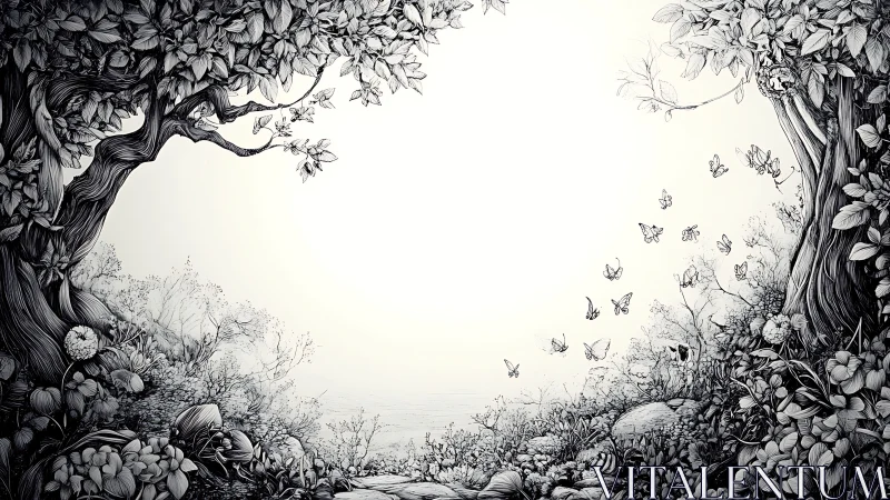 Whispering forest gateway with butterflies holding the hush.