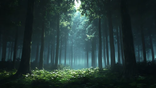 Emerald Cathedral: Ancient Forest Path Shrouded in Mystical Mist