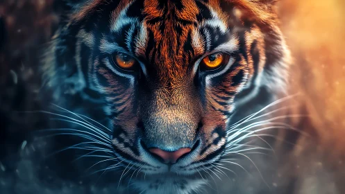 Tiger face portrait shows intense amber eyes in close focus