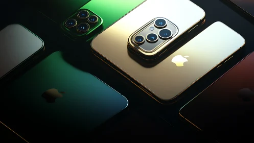 Multiple modern smartphones lie arranged in reflective rows