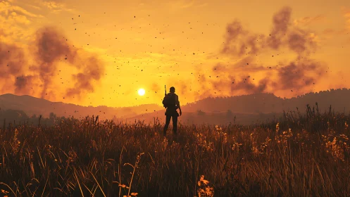 Lone wanderer watching embers dance across a wild sunset.