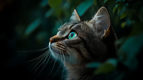 Feline with Striking Turquoise Eyes Gazes Upward