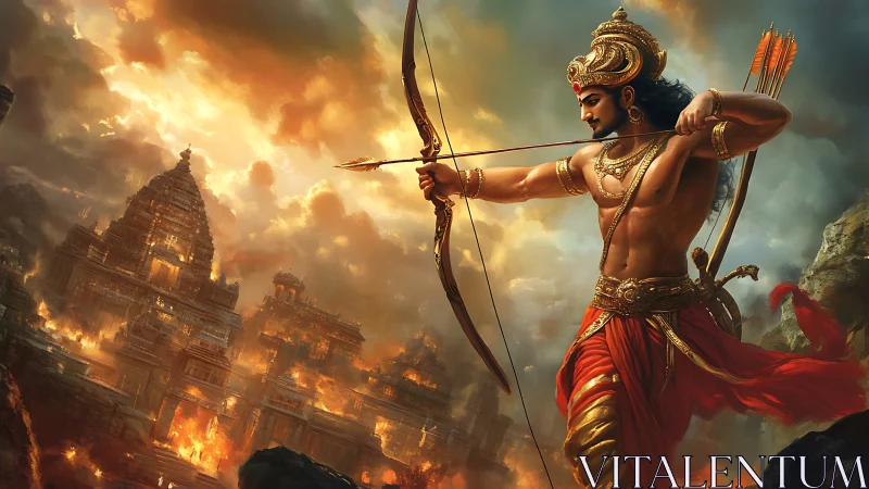 Warrior archer aiming over burning temple city at dusk.