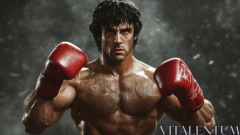 Muscular Male Athlete in Defensive Boxing Stance with Red Gloves