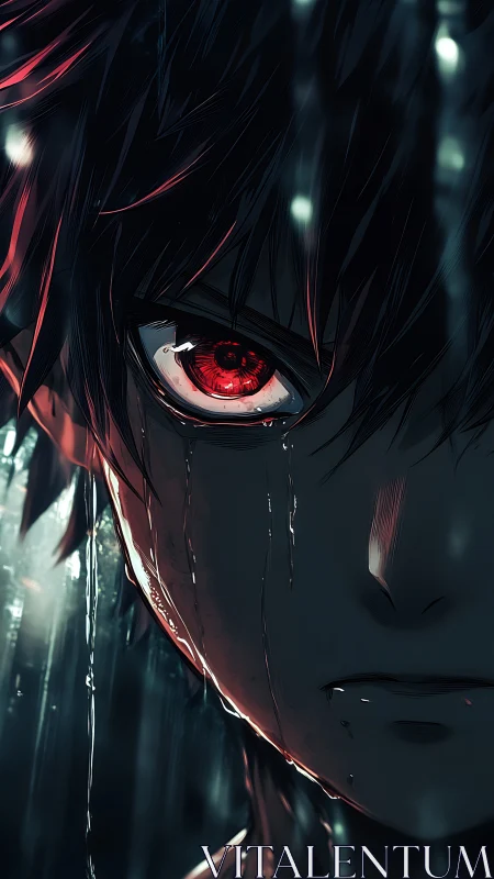 Rain-soaked anime boy stares ahead with a burning red eye