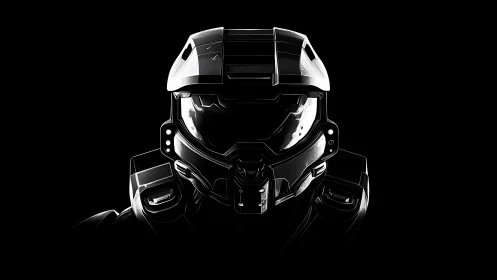 Futuristic armored helmet portrait on black background.