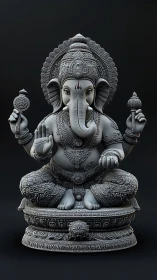 Ganesh statue displays intricate monochrome stone detailing.