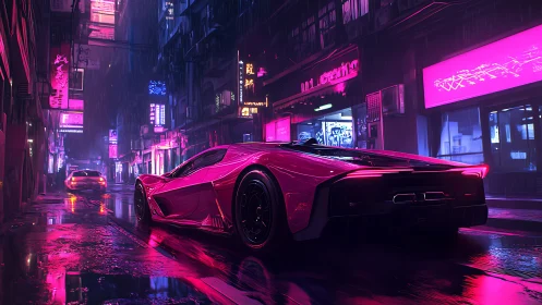 Futuristic supercar in neon lit rainy cyberpunk street scene.