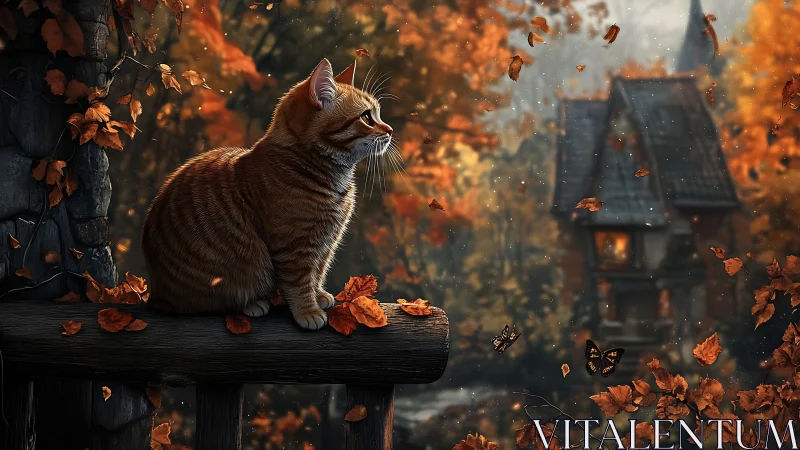 A Tabby Cat Watches Autumn Leaves Dance in a Spooky Landscape