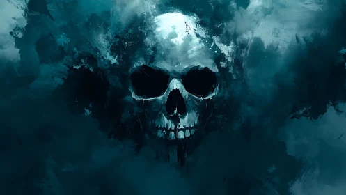 Skull emerges from turbulent teal mist in expressive strokes