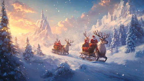 Snow-laden alpine valley with Santa sleigh convoy and reindeer motion