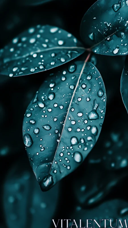 Macro botanical close-up of teal leaves with raindrops.