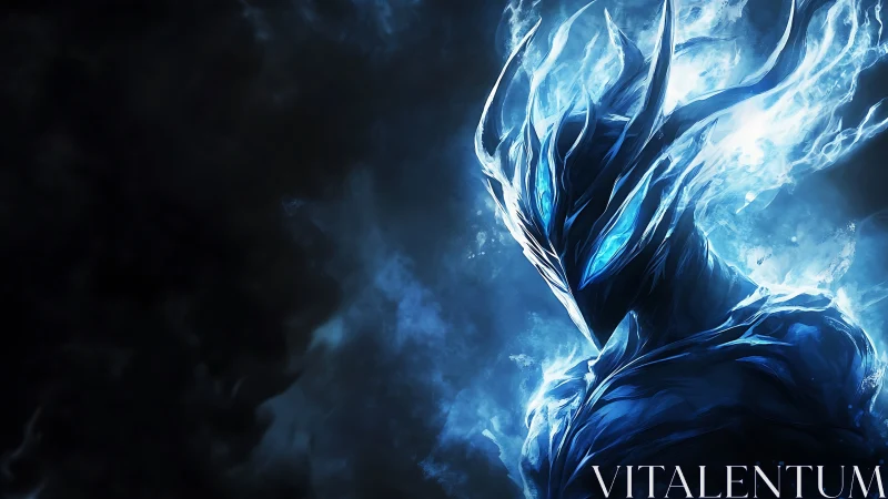 Luminescent blue humanoid figure emerges from dark void