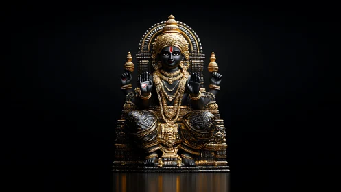 Ornate black stone deity sculpture in gilded seated throne.
