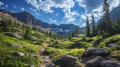 Sunlit mountain trail invites a peaceful alpine day walk
