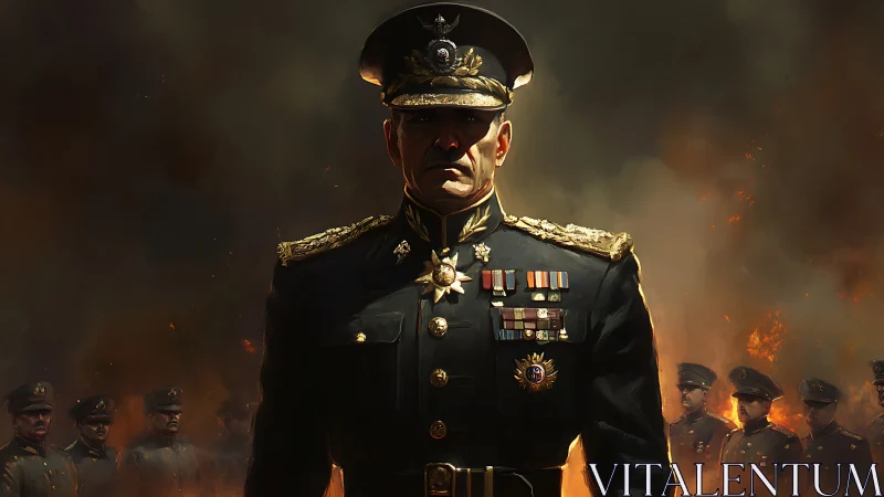 Ironclad general strides through embers of a burning command.