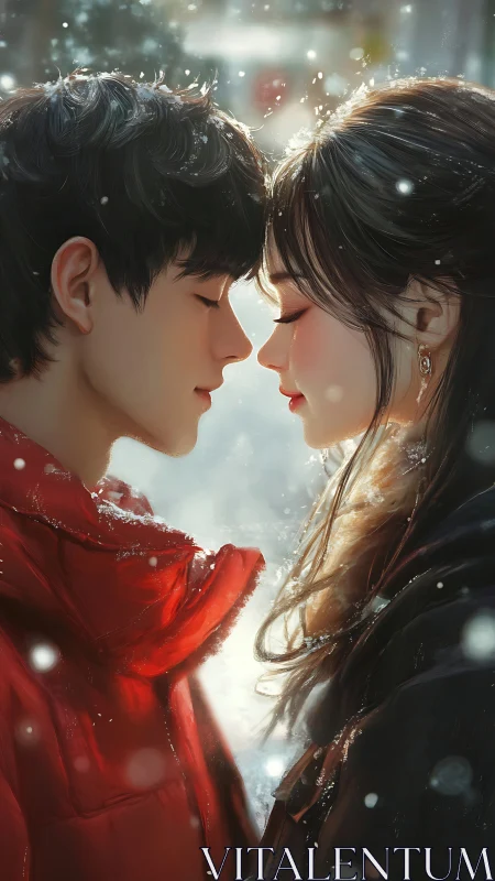 Two figures in red and black coats face each other in snowfall
