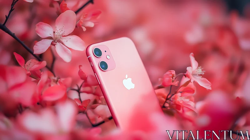Pink iPhone 12 Surrounded by Cherry Blossoms.