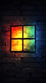 Colorful glowing window icon warms a dark brick wall