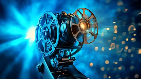 Vintage film projector glows in cinematic blue bokeh haze.