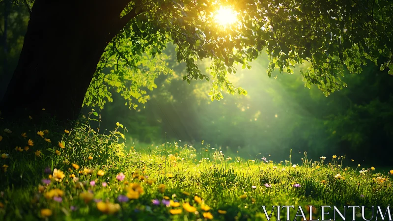 Sunlit Meadow with Wildflowers under a Shady Tree, Nature Photography.