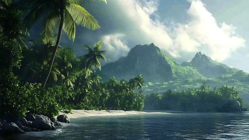 Volcanic tropical island landscape with dense vegetation and water