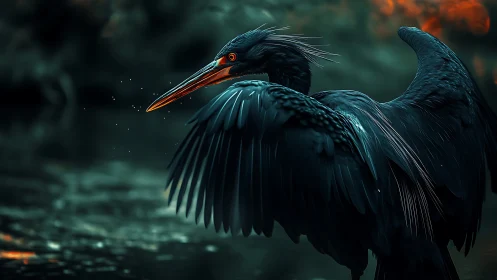Midnight heron unfurls neon plumage by shadowed waters.