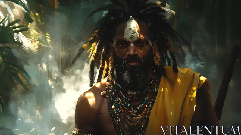 Mystic jungle shaman stands in dappled golden light