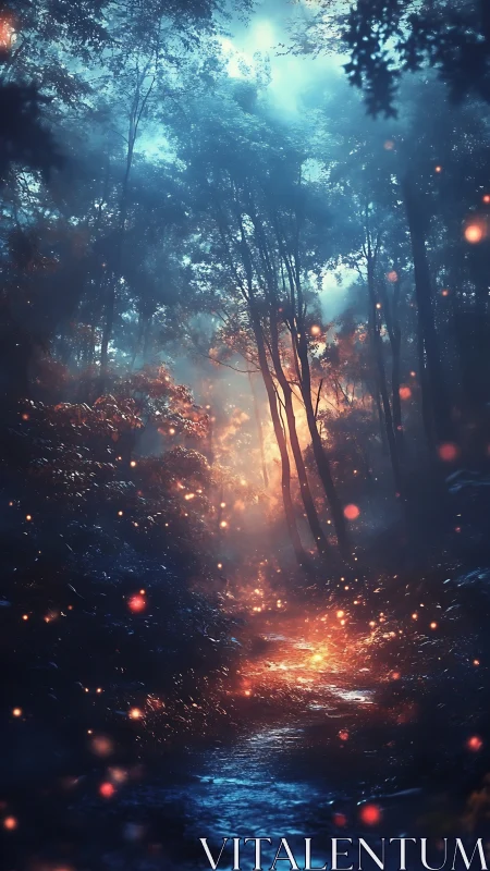 Mystical Forest Path with Floating Light Particles
