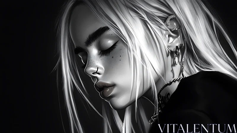 Monochrome side-profile portrait of pierced girl in shadow