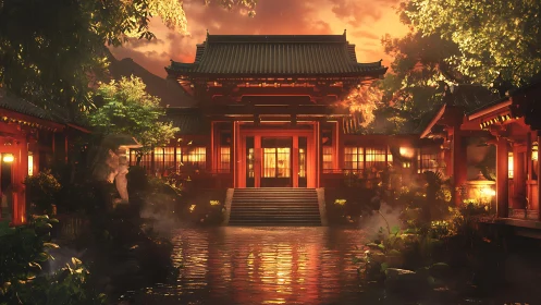 Sunlit temple courtyard reflects over tranquil water.