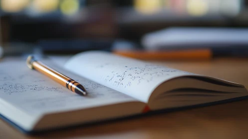 Open notebook with pen on desk in soft indoor light.