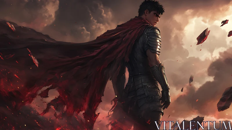 Armored warrior stands under storm sky with burning cloak