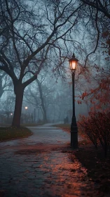 Gentle lamplight guiding a quiet walk through misty dusk.