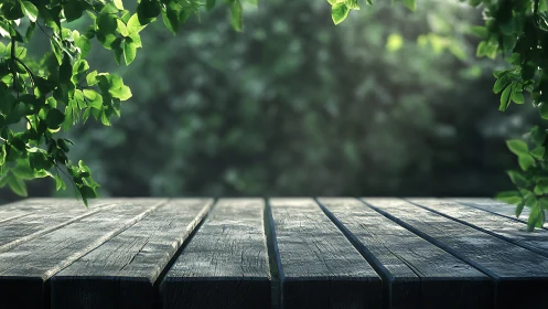 Weathered hardwood deck with filtered dappled light through verdant canopy.