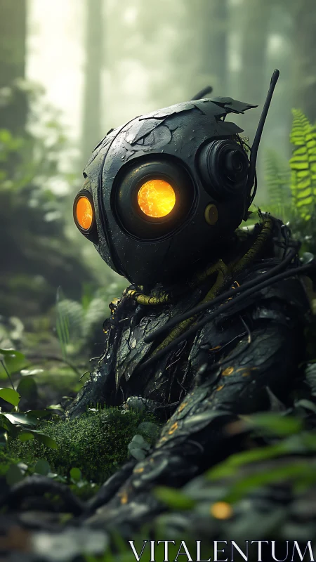 Decayed forest robot with glowing eyes in misty greenery.