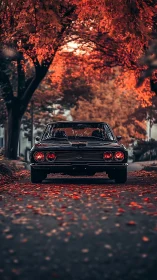 Low-angle classic coupe under saturated autumn foliage canopy